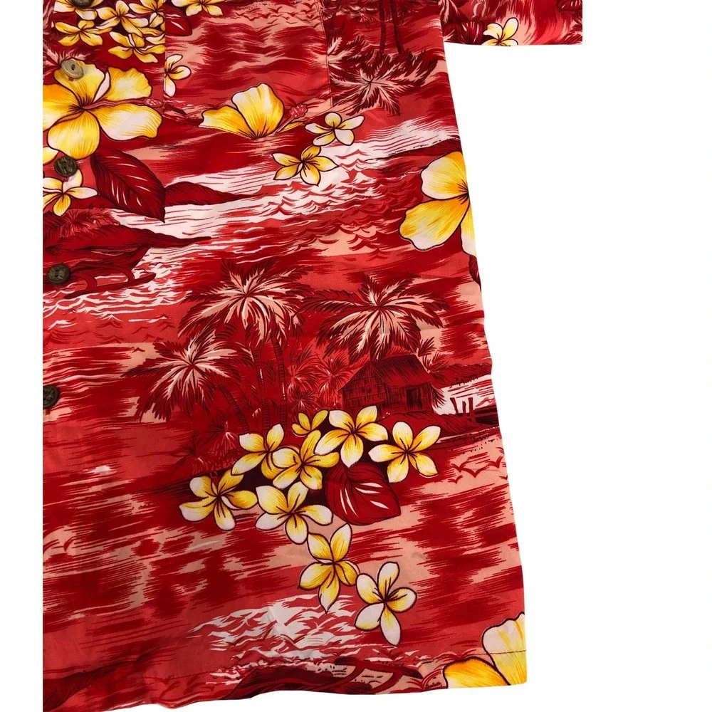 Trading Maui Company Mens Red Tropical Hibiscus Palm Tree Hawaiian Shirt‎ XL Vtg